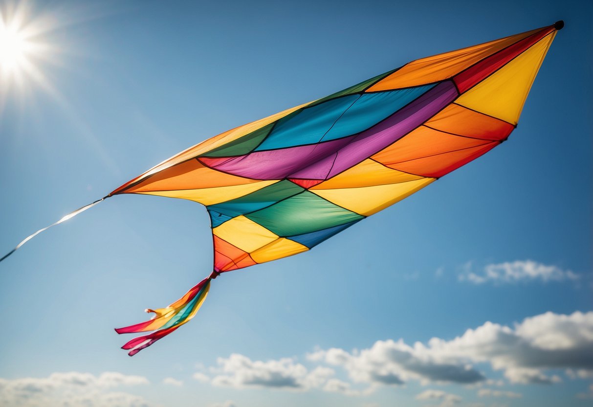 A colorful, durable kite soars high in the clear blue sky, its tail trailing behind as it catches the breeze. The sun shines down, casting a warm glow on the scene