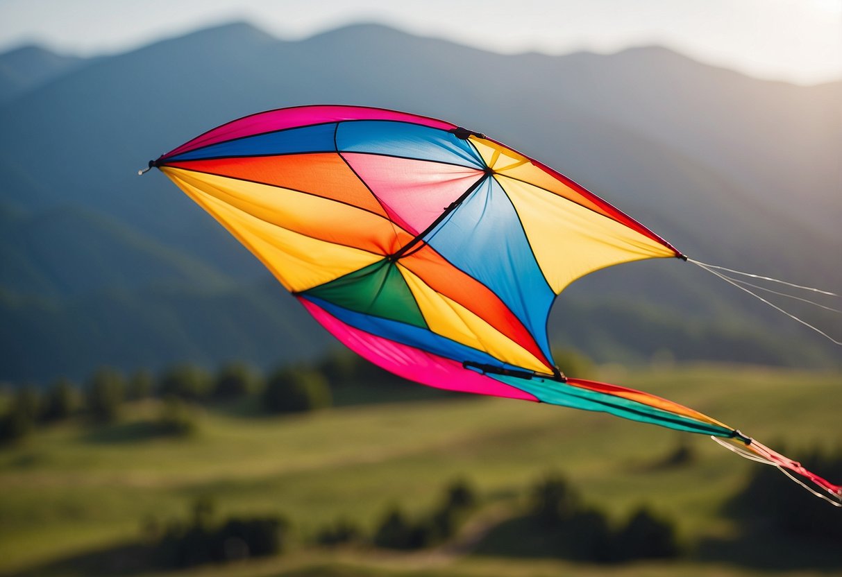 A colorful kite soaring high in the sky, held by a taut and durable string, with a beautiful landscape in the background