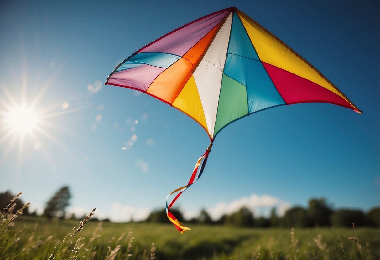 A bright, sunny day with clear skies and a gentle breeze. A colorful kite soars high in the air, dancing gracefully with the wind