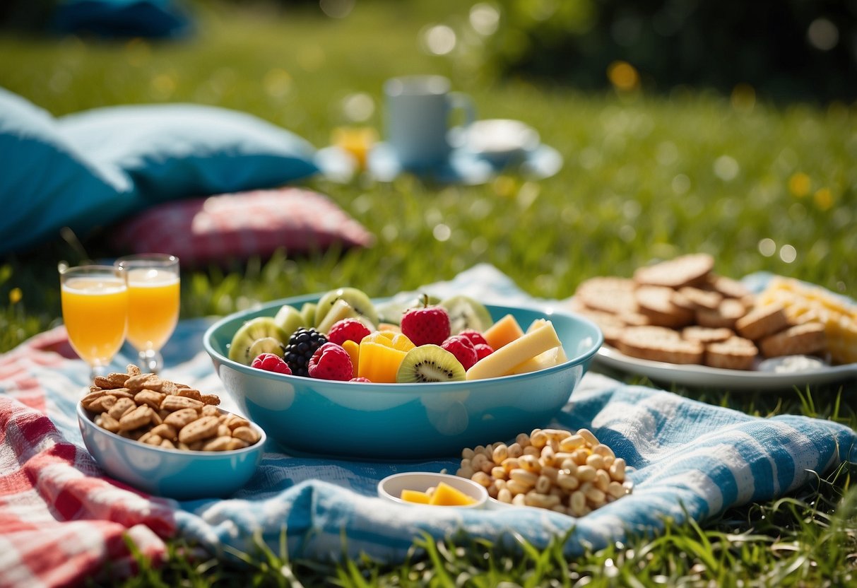 A colorful picnic blanket spread out on lush green grass, surrounded by a variety of tasty snacks and refreshing drinks. A vibrant kite soars high in the clear, blue sky, while happy families and friends gather around, enjoying the beautiful day