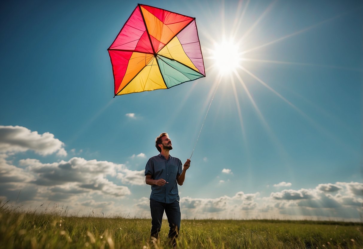 A person wearing comfortable clothing stands in a grassy field, holding a colorful kite. The sun is shining, and a light breeze is blowing, making for perfect kite flying weather