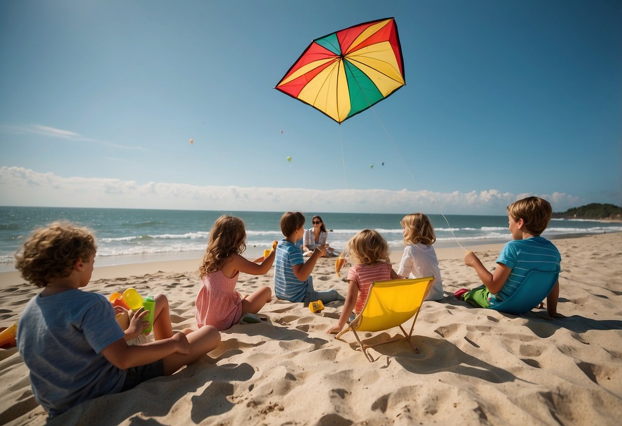 A sunny day at the beach, with a colorful kite flying high in the sky. A cooler filled with water bottles and snacks sits nearby, as a family enjoys a fun and refreshing kite flying trip