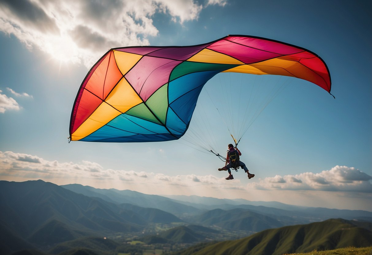 A colorful kite soaring high in the sky, tethered to a strong and secure string. The surrounding area is clear of obstacles, with ample space for safe and enjoyable flying