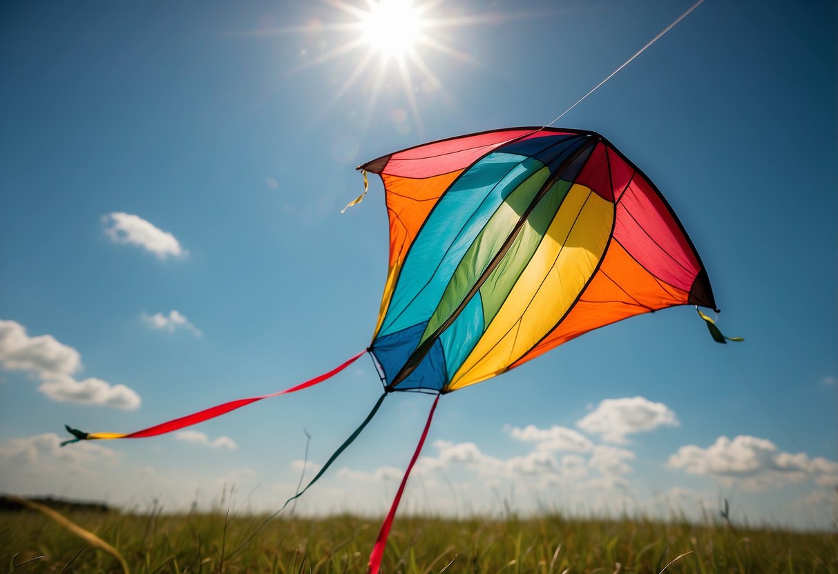 A colorful kite soars high in the sky, dancing with the wind. The sun shines brightly, casting a warm glow on the grassy field below. A gentle breeze carries the sound of laughter and excitement as the kite flies effortlessly through the air