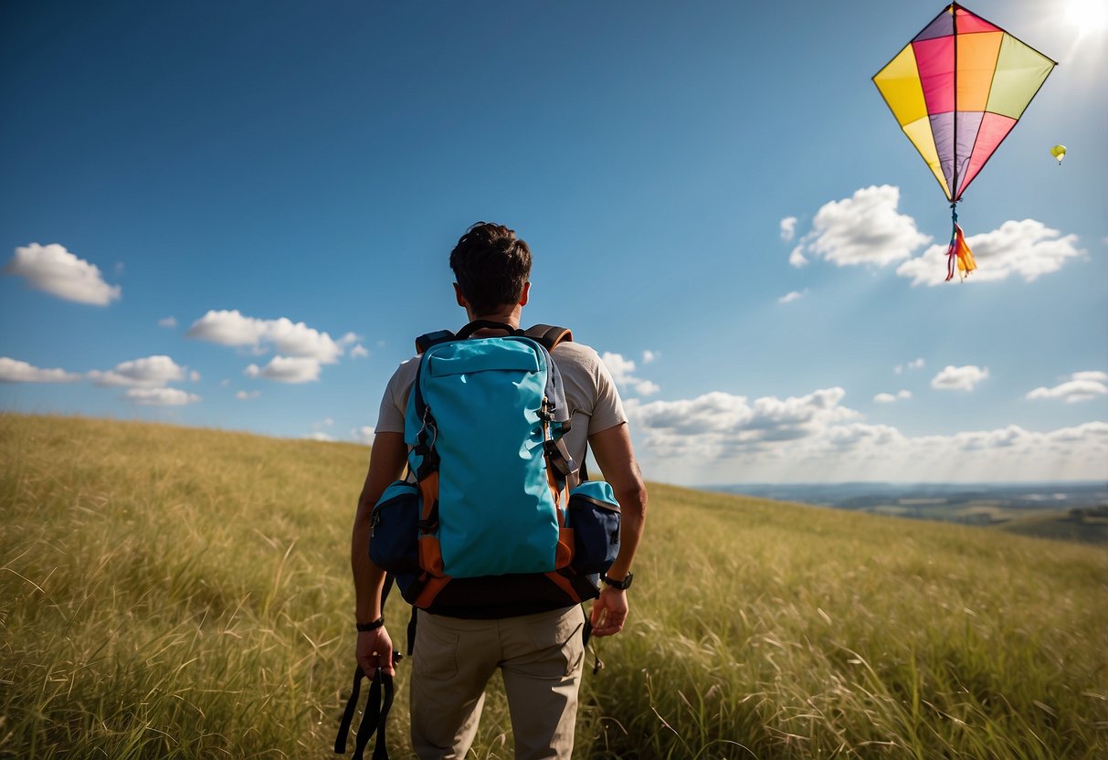 A colorful kite flying high in the sky, with a backpack featuring a hydration system strapped on the back of a person. The person is standing on a grassy field with a clear blue sky in the background