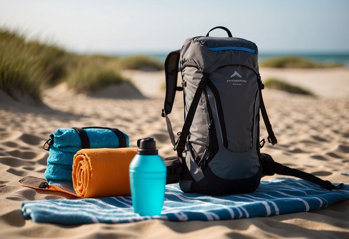 A woman's hydration pack sits beside a kite and beach towel, ready for a day of kite flying. The pack is sleek and lightweight, perfect for outdoor adventures