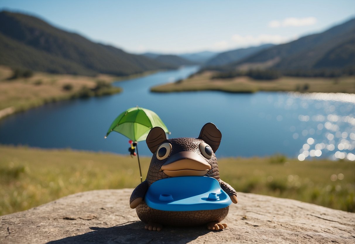 A platypus-shaped water reservoir sits next to kite-flying gear, surrounded by rolling hills and a bright blue sky