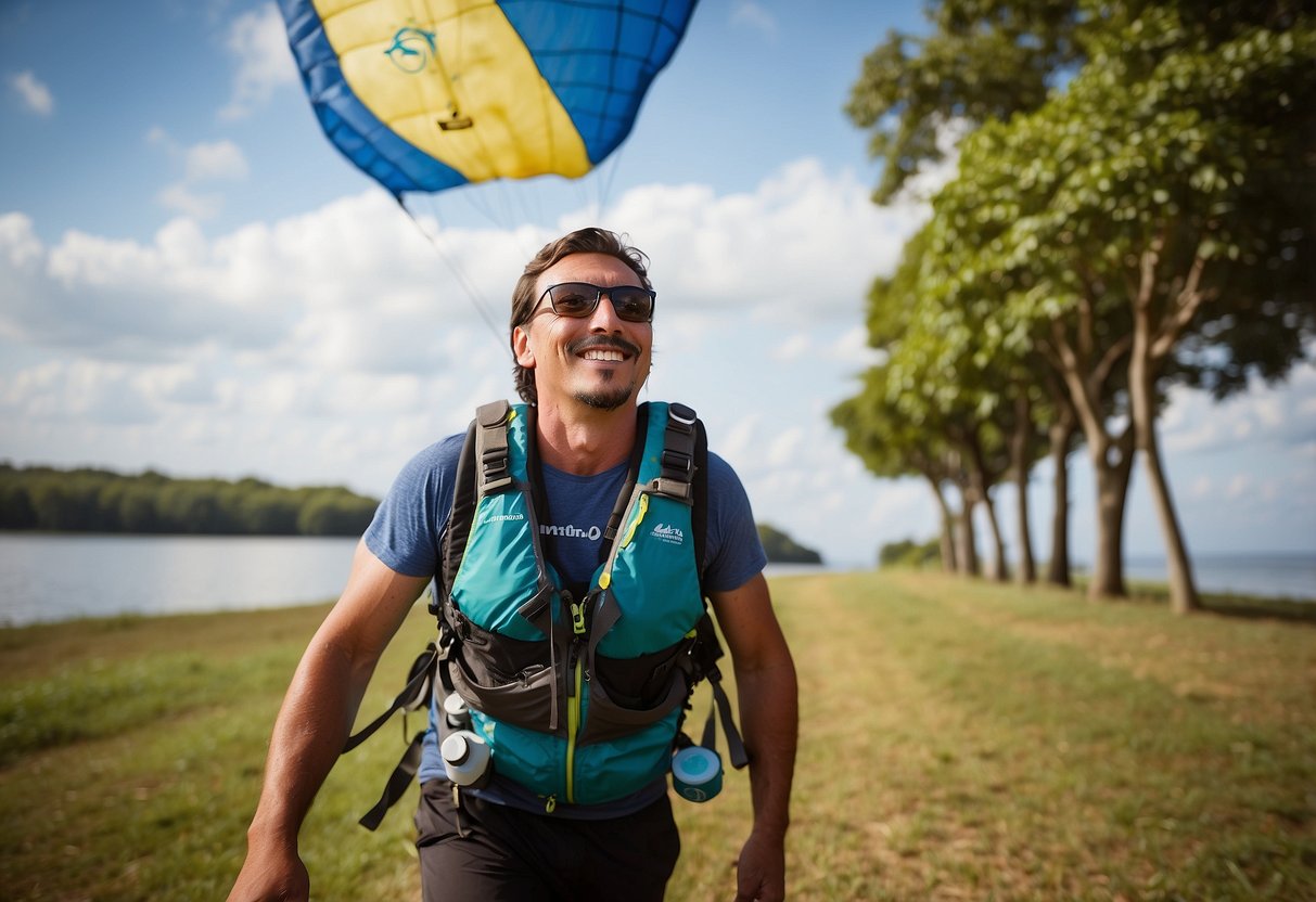 A kite flying enthusiast wears the Nathan VaporAir Hydration Vest, with a 5 Best Hydration Systems for Kite Flying Trips logo visible