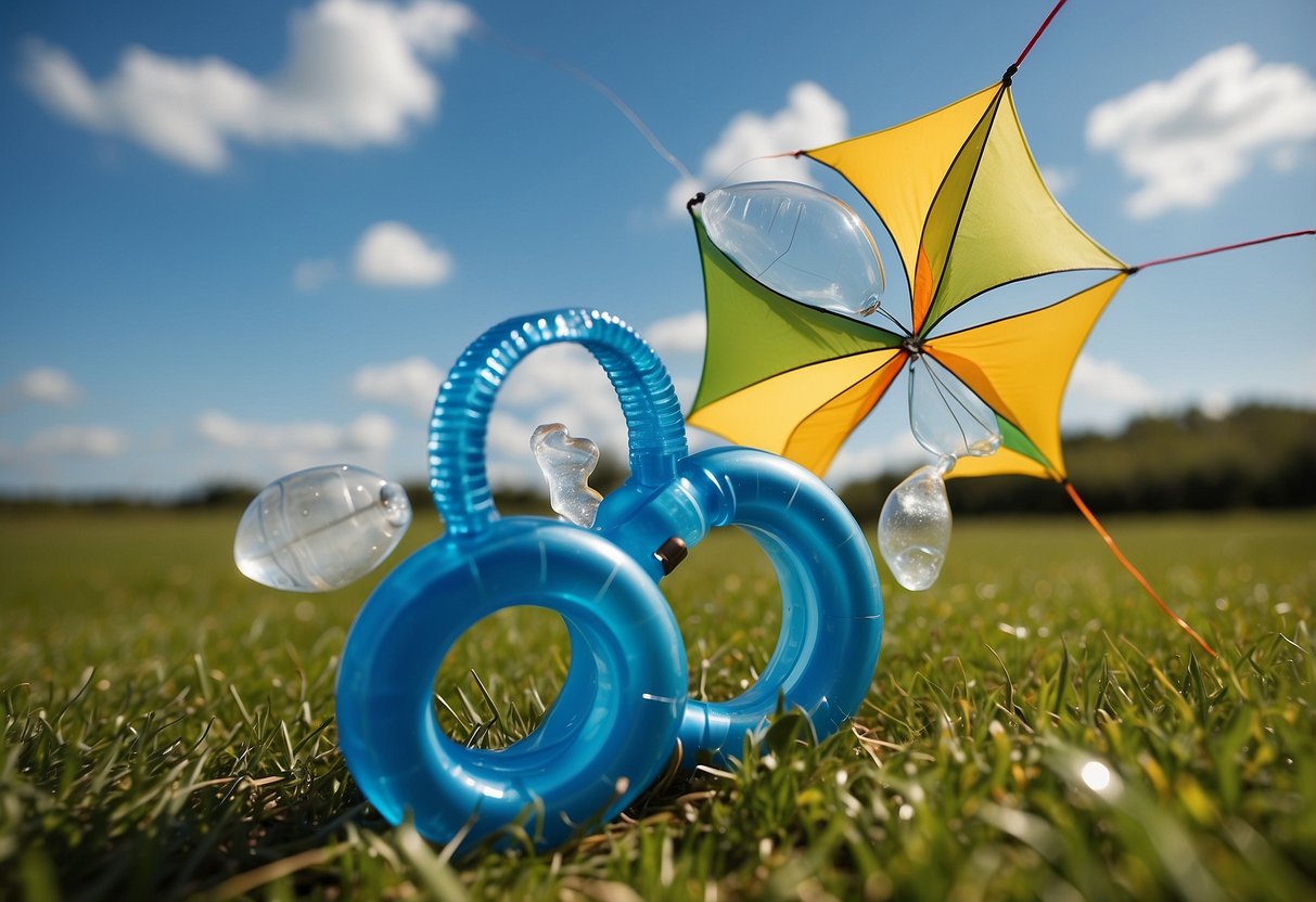 A kite flying trip scene with various hydration systems displayed in a sunny, outdoor setting with blue skies and green grass