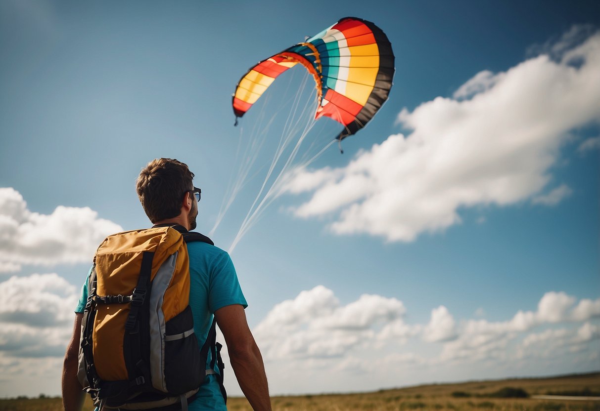 A colorful kite flying high in the sky, with a backpack featuring a hydration system strapped to the back of the kite flyer