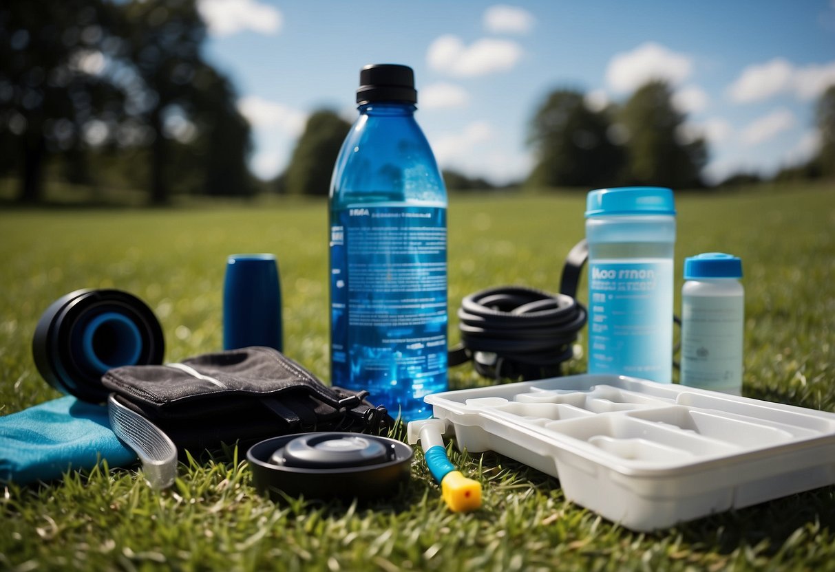 Hydration systems laid out with cleaning tools and instructions. Kite flying gear nearby. Outdoor setting with blue sky and grassy field