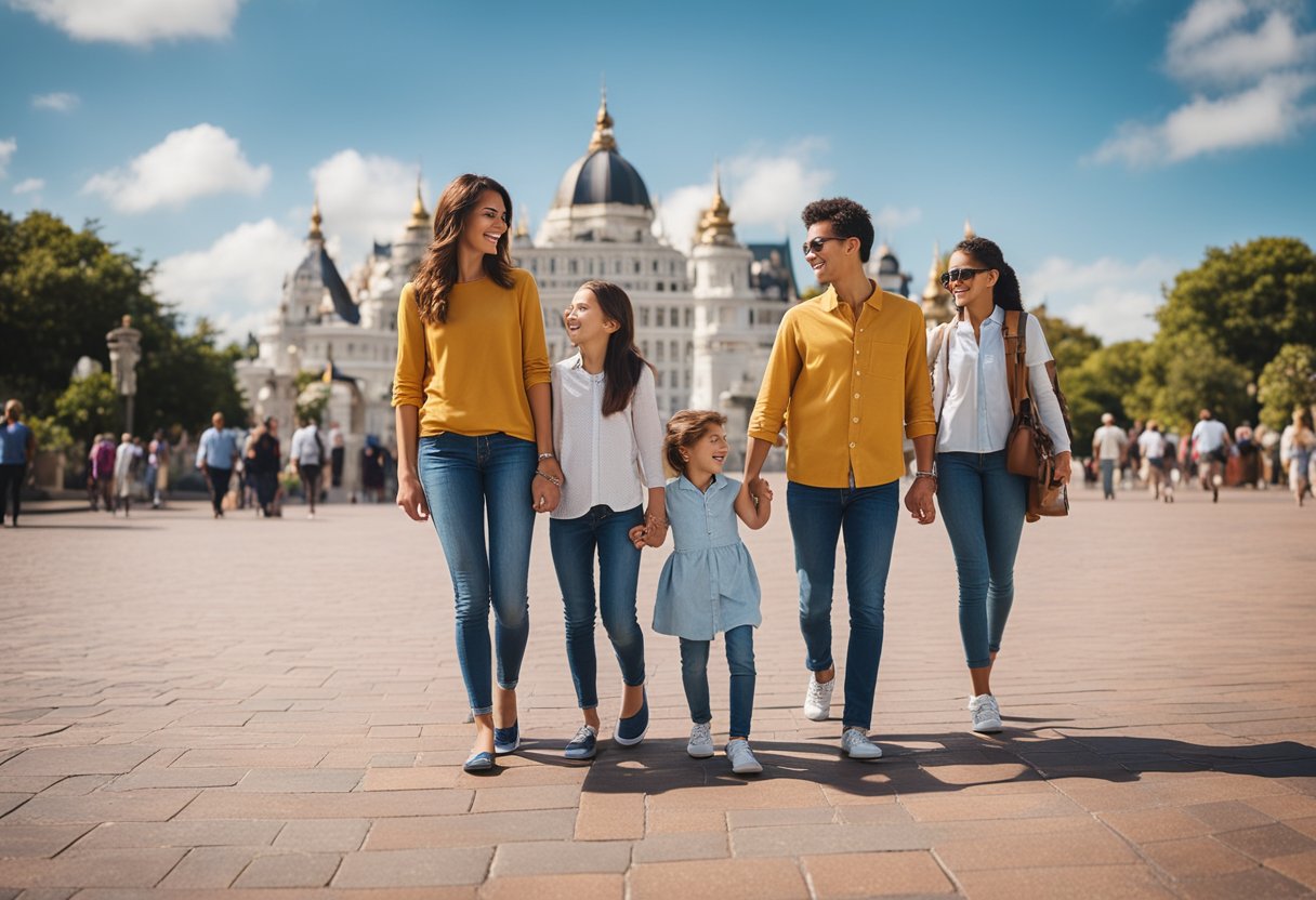 A family of four explores a budget-friendly tourist attraction, taking in the sights and enjoying the affordable entry fees