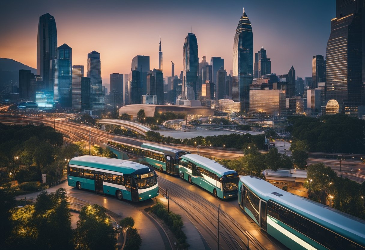 A city skyline with various modes of transportation, including buses, trains, and bicycles, surrounded by popular tourist attractions