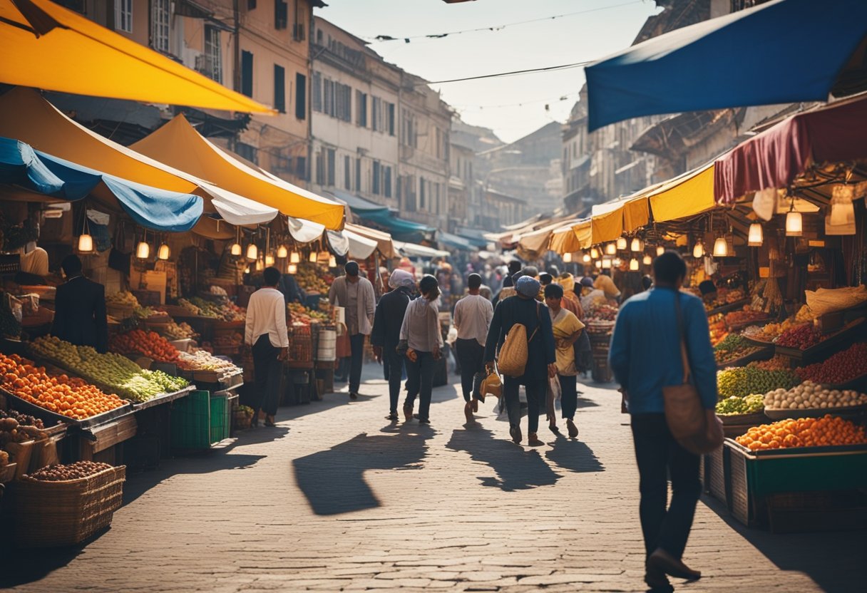 A bustling marketplace with colorful stalls selling food and goods. Tourists browse and bargain, seeking to save money on their purchases