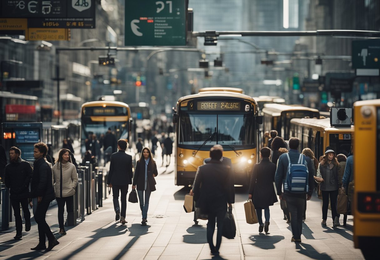 A bustling city street with buses, trams, and people waiting at a public transportation stop. Signs and posters advertise tips for saving money on transportation