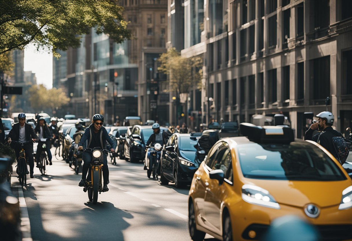 A busy city street with various shared transportation options like bikes, scooters, and electric cars. People are seen using mobile apps to unlock and ride these vehicles, saving money on transportation