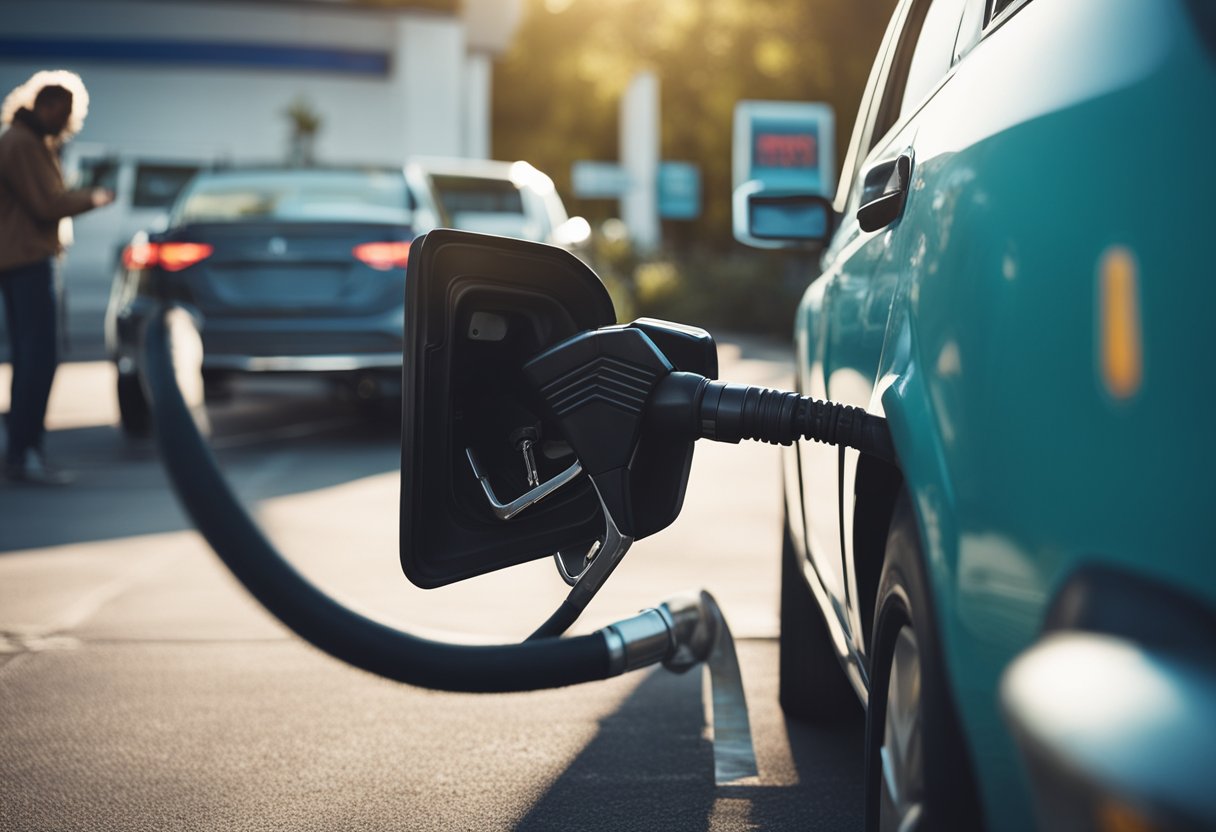 A car parked at a gas station, with a person filling up the tank. A sign nearby advertises fuel-saving tips