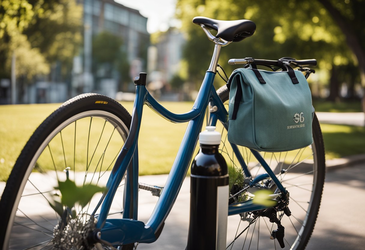 A bicycle parked next to a bus stop, with a person using a reusable water bottle and a cloth tote bag. The sun is shining, and there are trees and greenery in the background