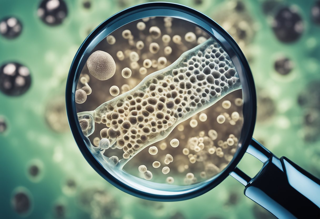 A microscope slide with intestinal parasites and a magnifying glass for identification