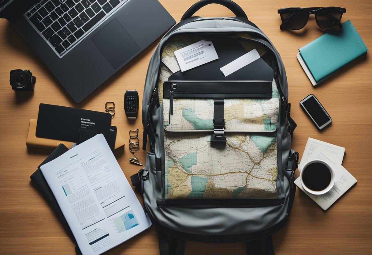 A backpack lying open on a map, surrounded by travel guides and a notebook with a pen. A laptop displaying budgeting spreadsheets sits nearby