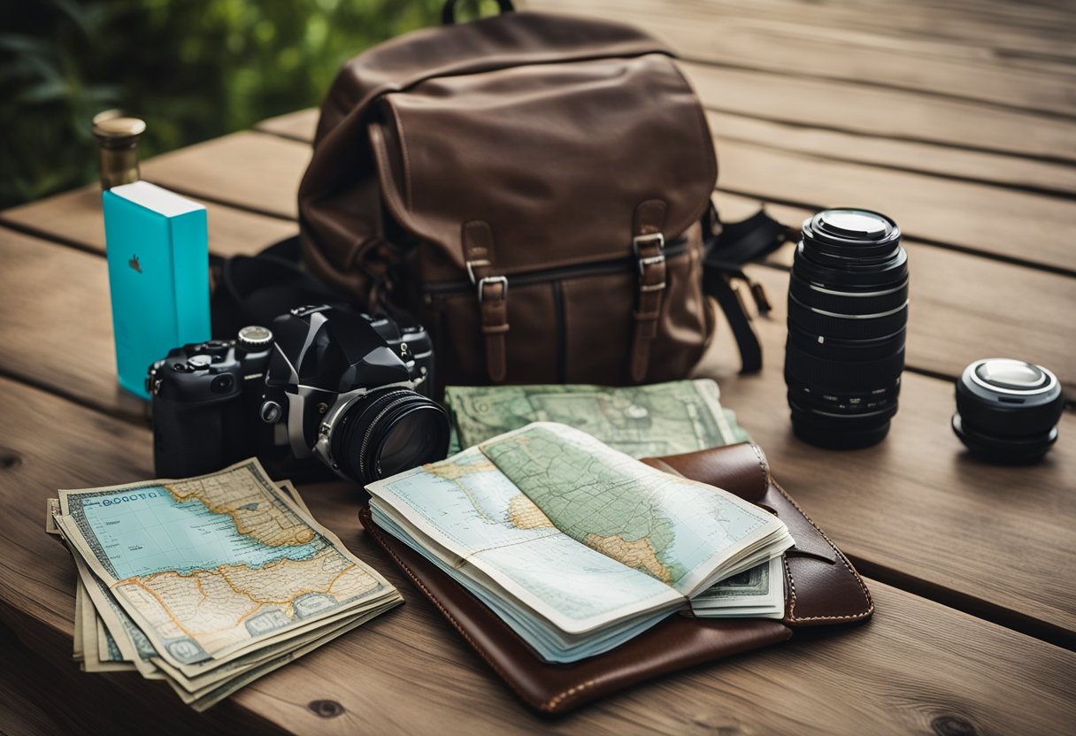 A backpack, map, and camping gear lay on a table next to a notebook and pen. A passport and money pouch are also visible, ready for a backpacking trip