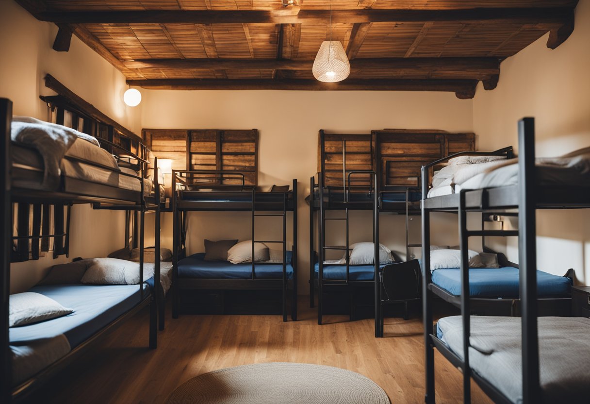 A backpacker's hostel with bunk beds, travelers' backpacks, and a world map on the wall. Tables with guidebooks and laptops. Cozy and budget-friendly atmosphere