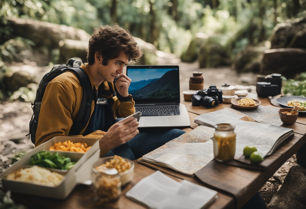 A backpacker researching local cuisine and culture, surrounded by maps, guidebooks, and a laptop, while budgeting and planning their trip