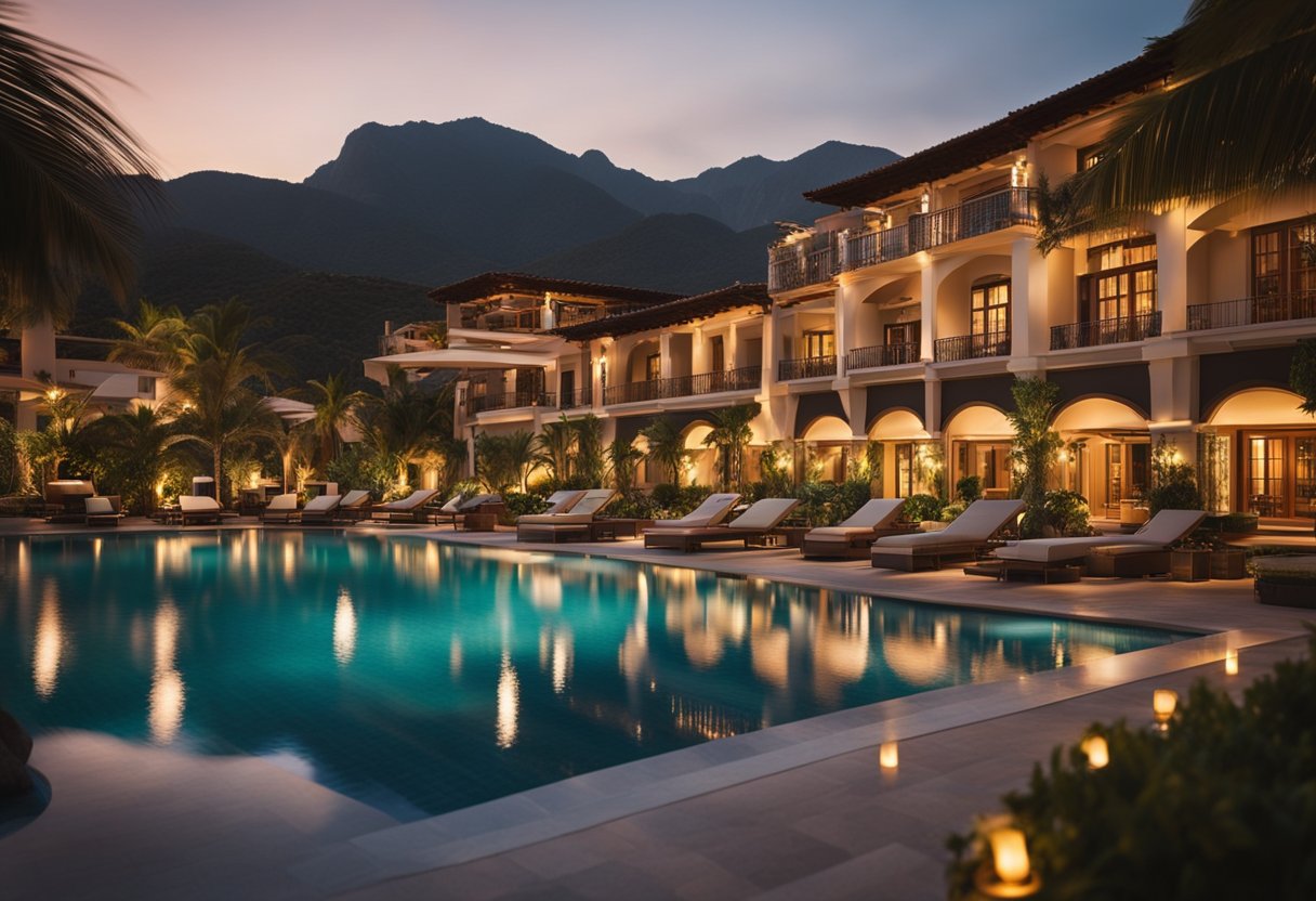 A luxurious resort with elegant architecture, lush landscaping, and pristine swimming pools. The sun sets behind the mountains, casting a warm glow over the tranquil scene