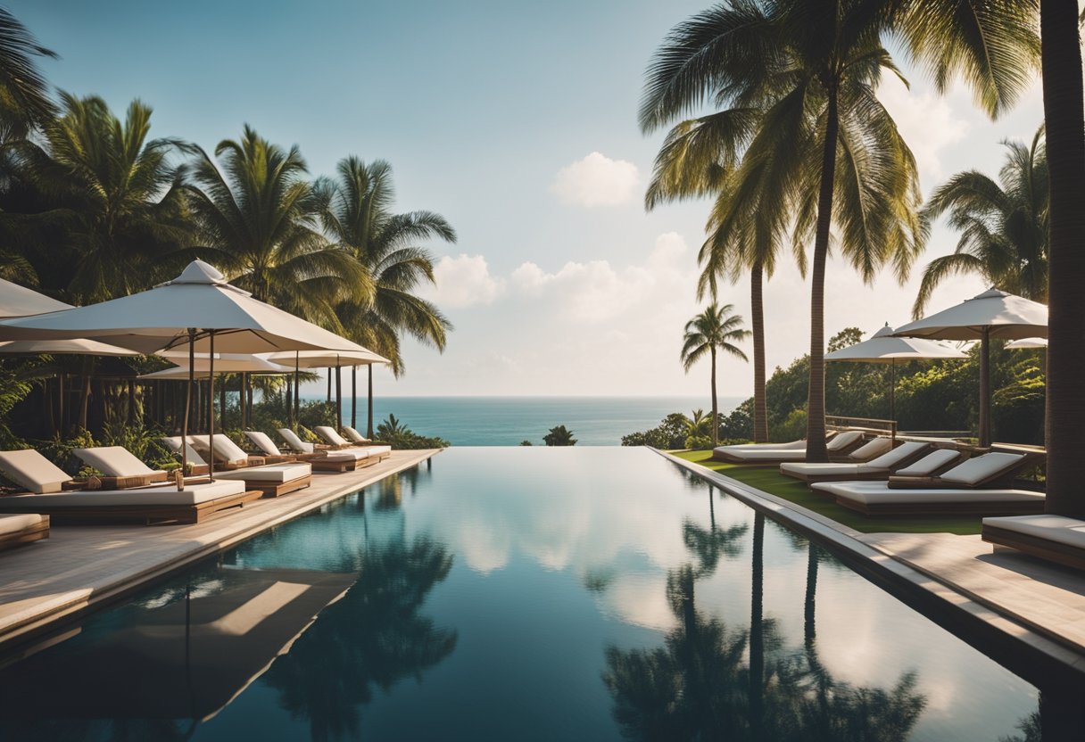 A luxurious resort with a stunning infinity pool overlooking the ocean, surrounded by lush tropical gardens and elegant architecture