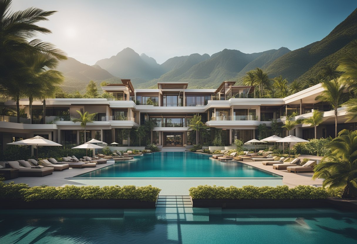 Luxury resort architecture and design, with modern buildings and lush landscaping, set against a backdrop of mountains and a serene body of water