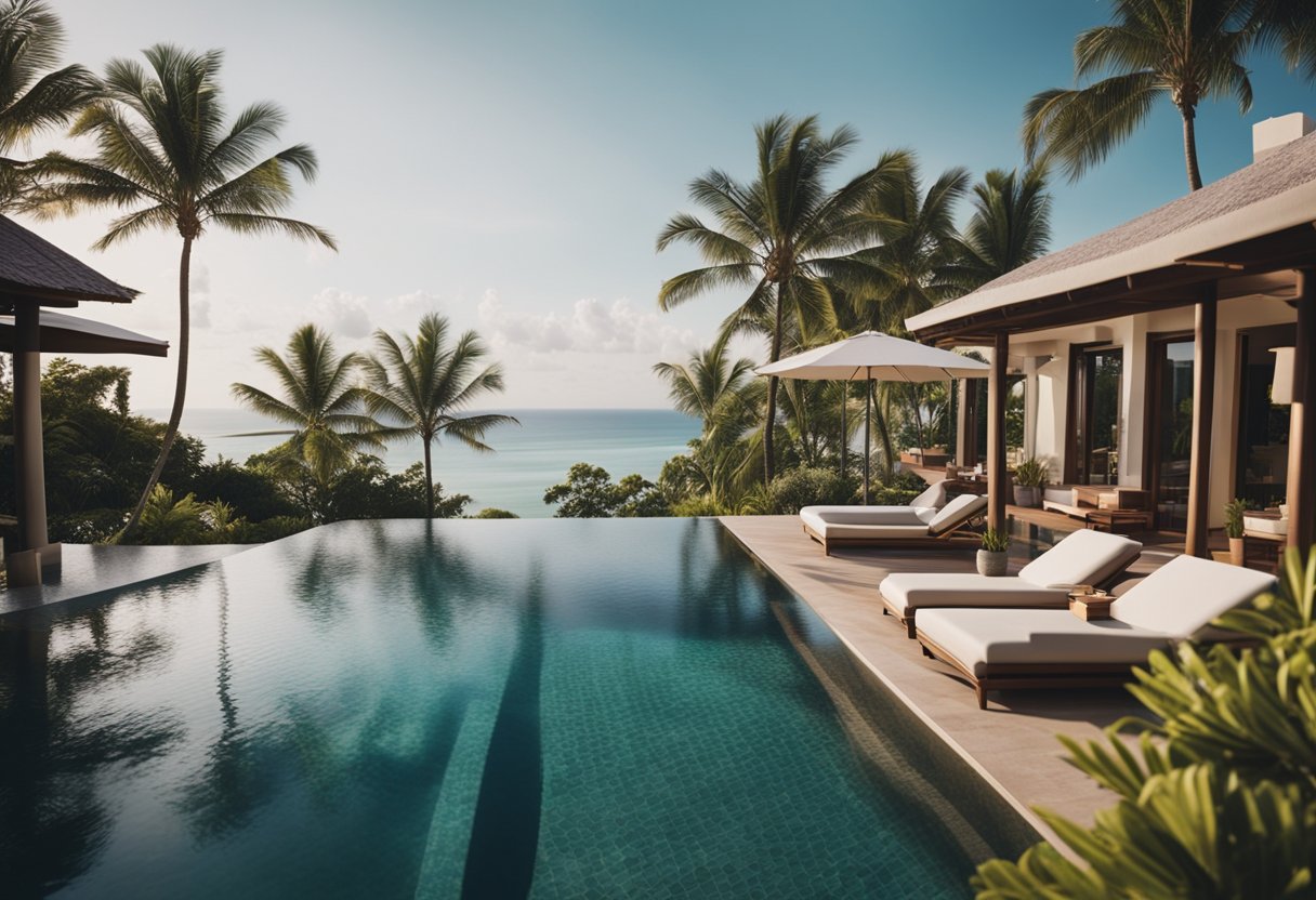 A luxurious beachfront resort with private villas, infinity pools, and panoramic ocean views