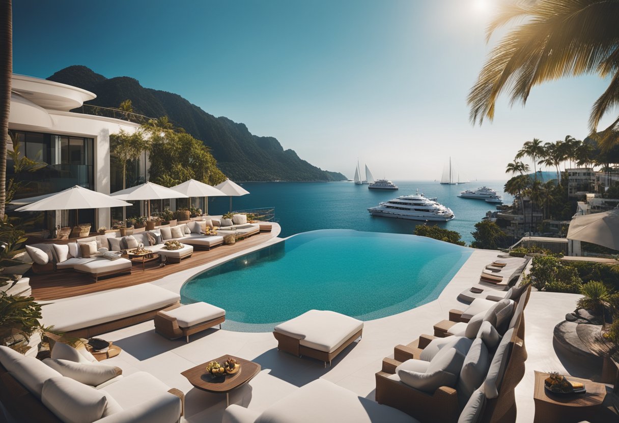 Luxury travel scene: Lavish hotel, exotic location, private yacht, fine dining, exclusive activities