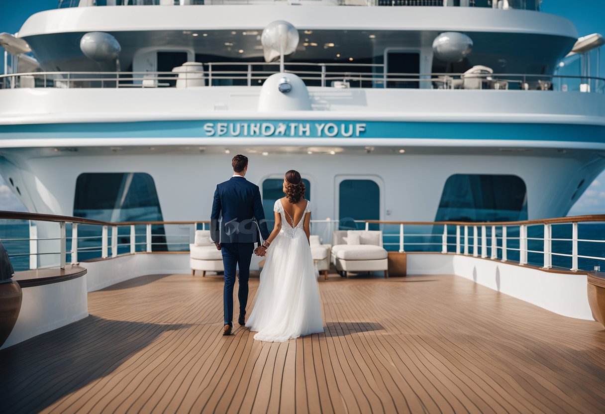 A couple stands on the deck of a luxurious cruise ship, surrounded by sparkling blue waters and clear skies. They are choosing the perfect cabin for their dream vacation