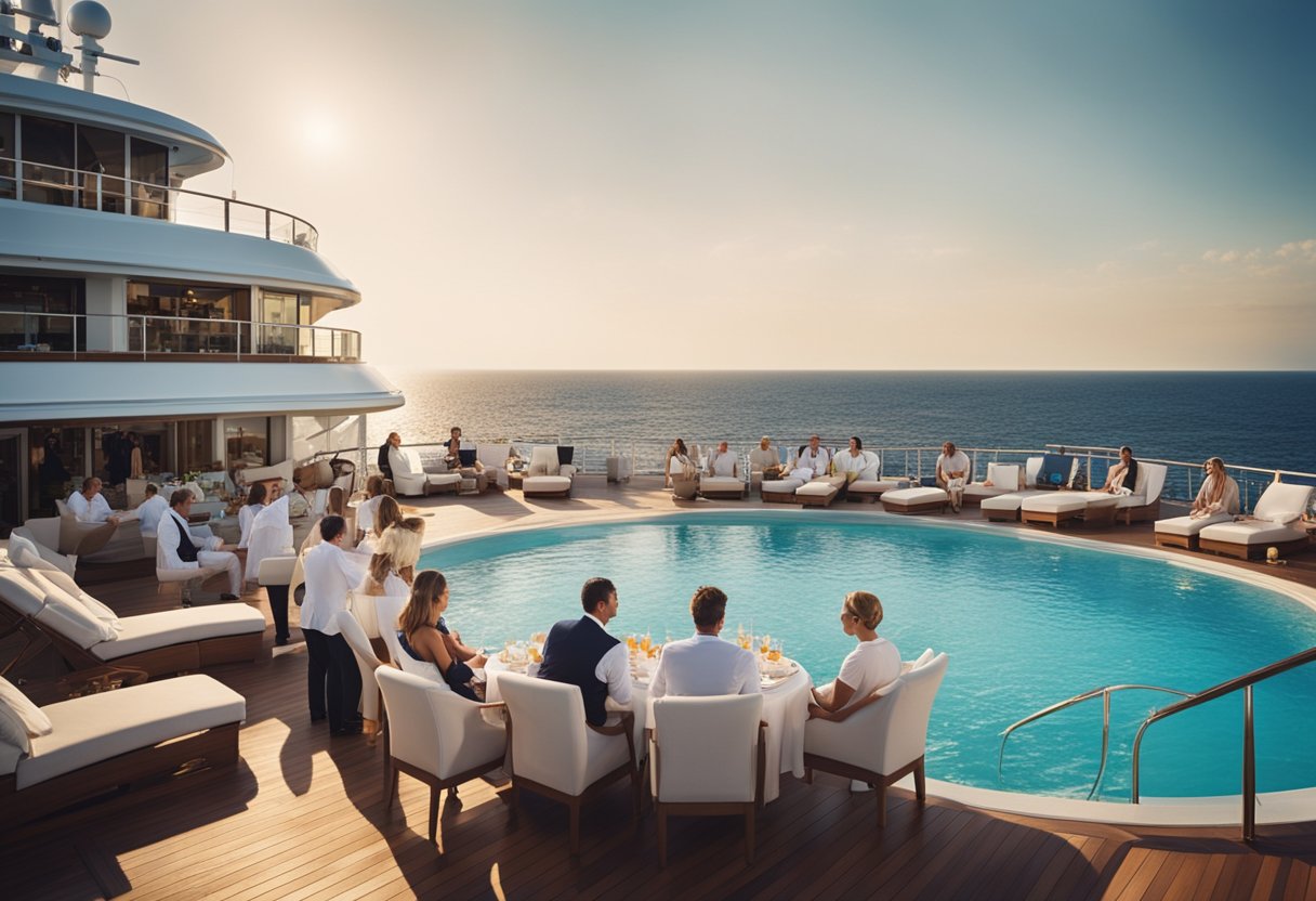 Guests enjoying the onboard amenities of a luxury cruise, such as the pool, spa, and fine dining, with the backdrop of the ocean and elegant ship architecture