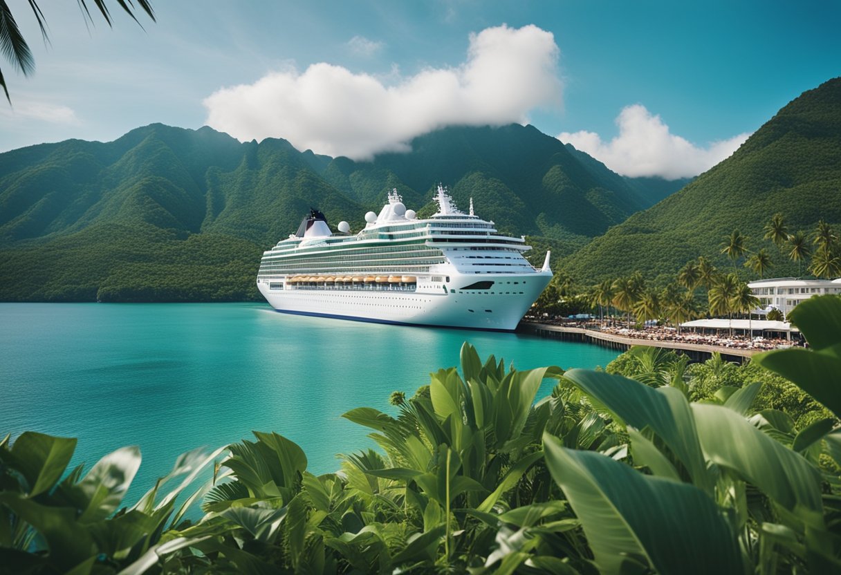 A luxury cruise ship docked at a tropical port, with lush green mountains in the background and tourists disembarking for shore excursions