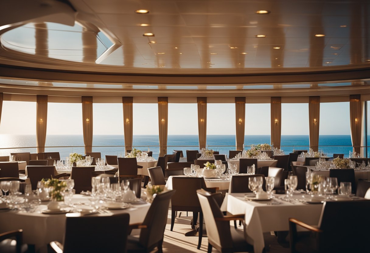 A luxurious cruise ship sailing on calm waters, with elegant dining tables set for a gourmet meal, and guests enjoying the sun on deck