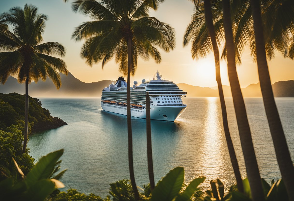 A luxurious cruise ship sailing through crystal-clear waters, surrounded by lush tropical islands and bathed in golden sunlight