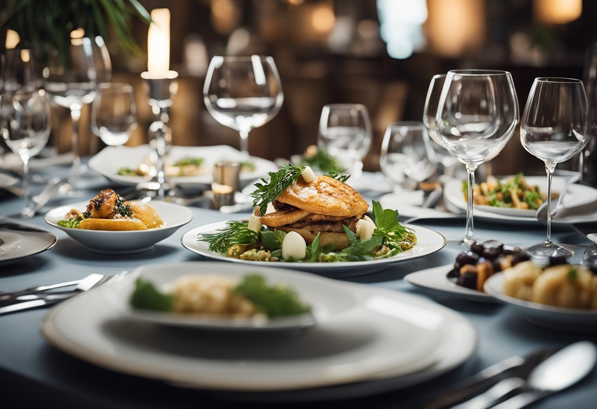 A table set with gourmet dishes from around the world, surrounded by elegant restaurant decor