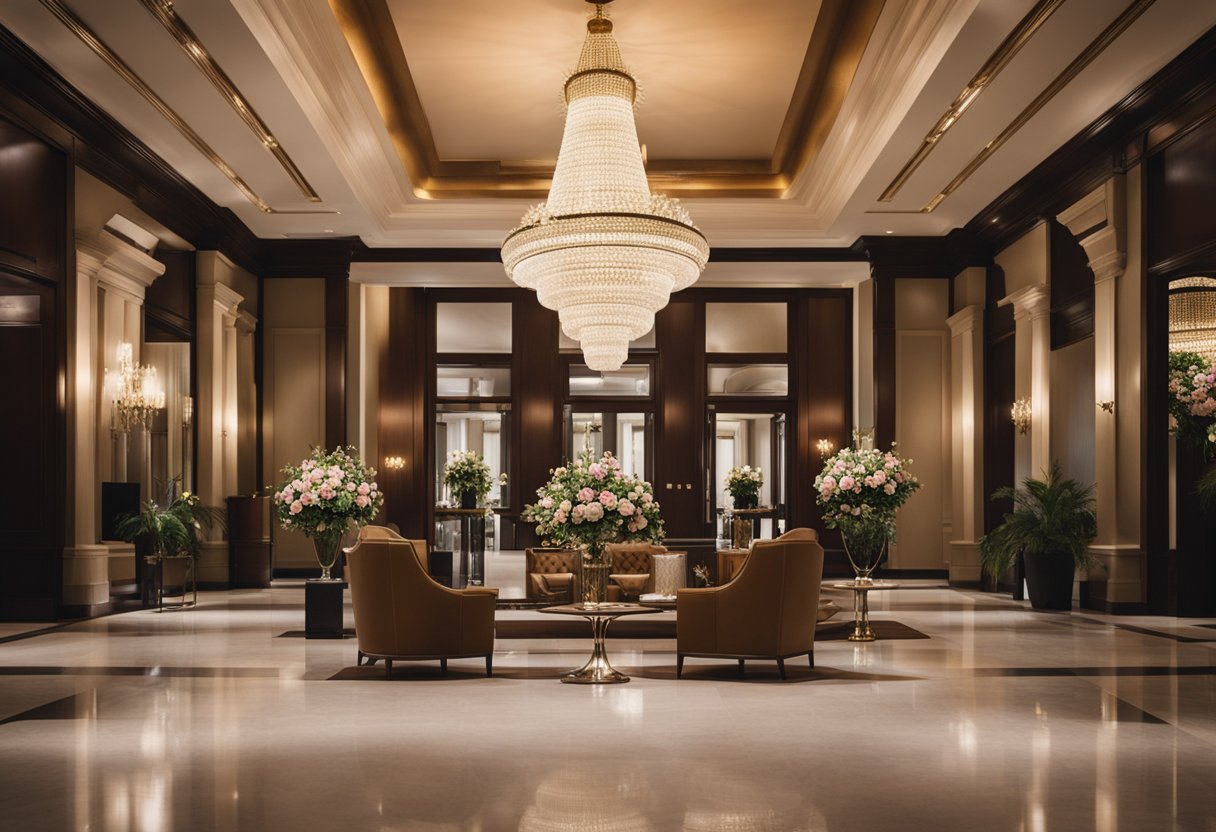 A luxurious boutique hotel lobby with elegant decor, plush seating, and a grand chandelier. The reception desk is adorned with fresh flowers, and a concierge stands ready to assist guests