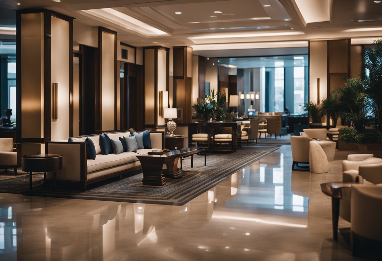 A boutique hotel lobby with luxurious furnishings and a concierge desk