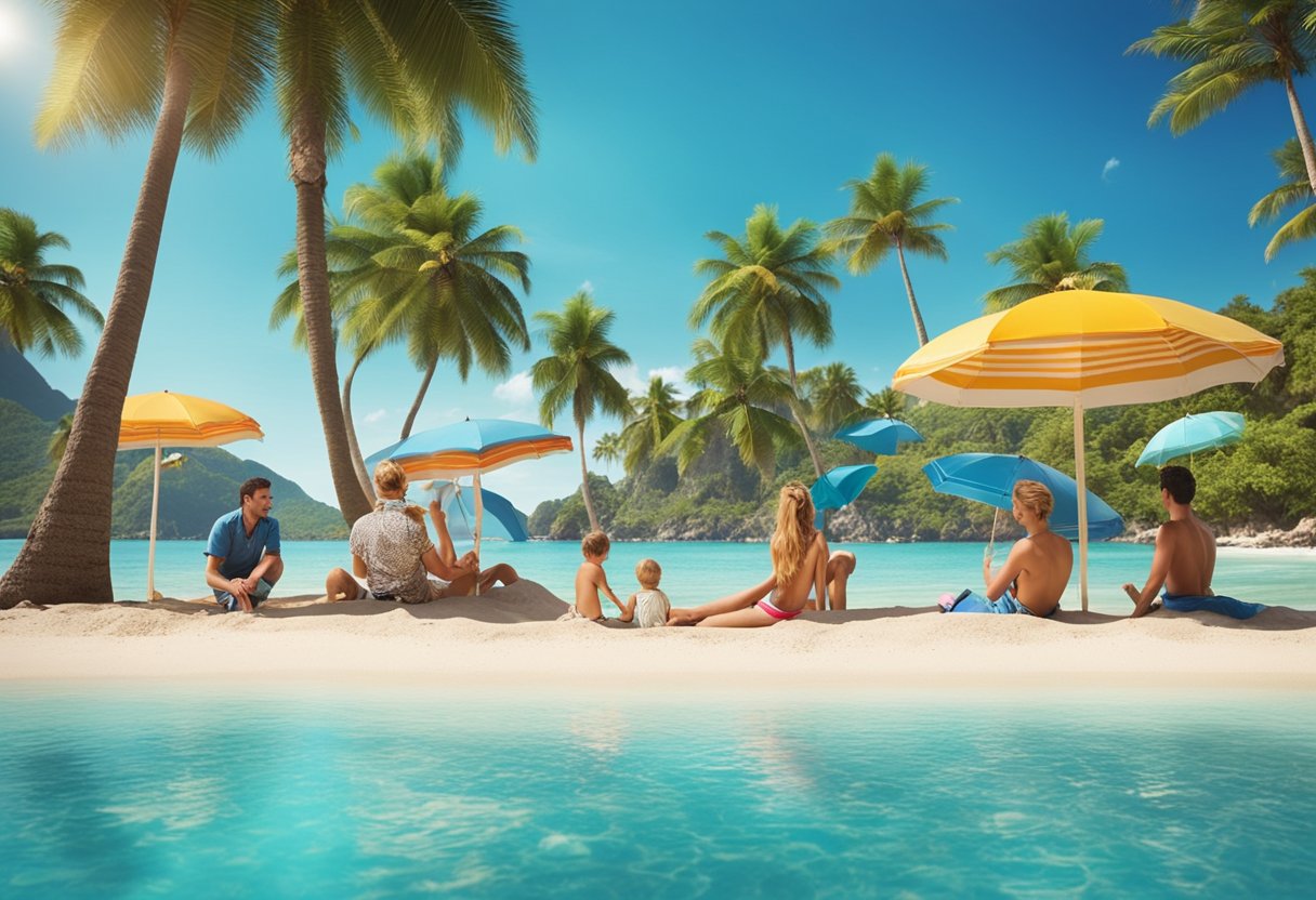 A family enjoys a beach vacation, building sandcastles and playing in the clear blue water, surrounded by palm trees and colorful umbrellas