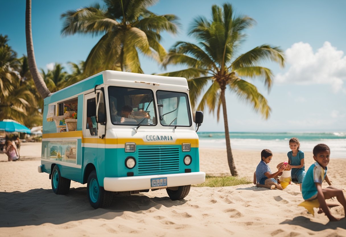 A family-friendly beach with calm waves, colorful umbrellas, and children playing in the sand. Coconut trees sway in the breeze, and a cheerful ice cream truck awaits nearby