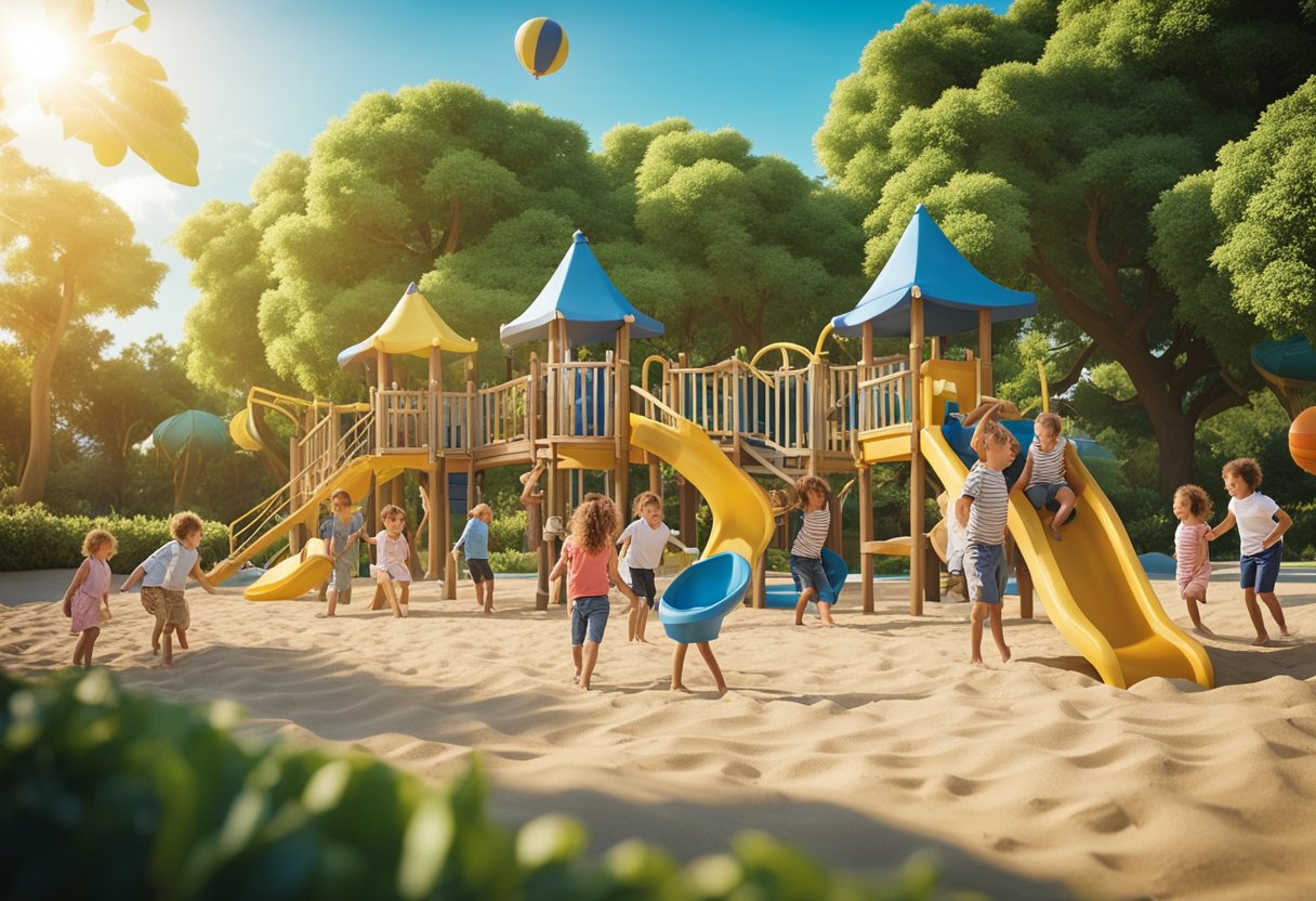 Children playing in a colorful playground, surrounded by lush green trees and a clear blue sky. A family-friendly beach with calm waves and golden sand