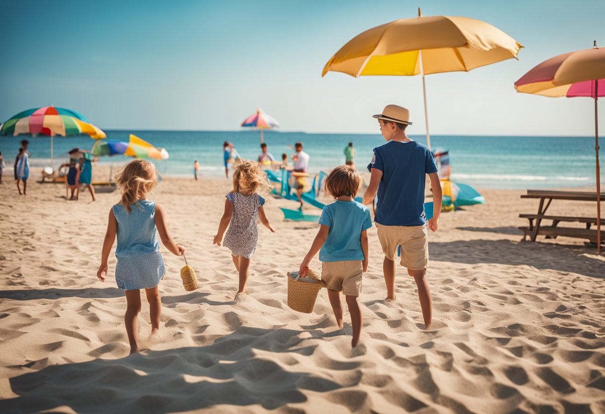 A family-friendly travel scene with kids playing on a sandy beach, colorful umbrellas, and clear blue water. A nearby ice cream stand and a playground add to the fun atmosphere