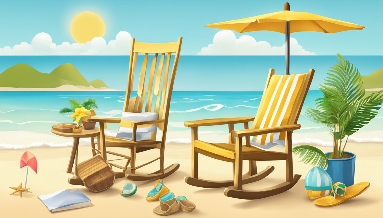 Various retirement symbols: a golden watch, a pension check, a rocking chair, and a tropical beach