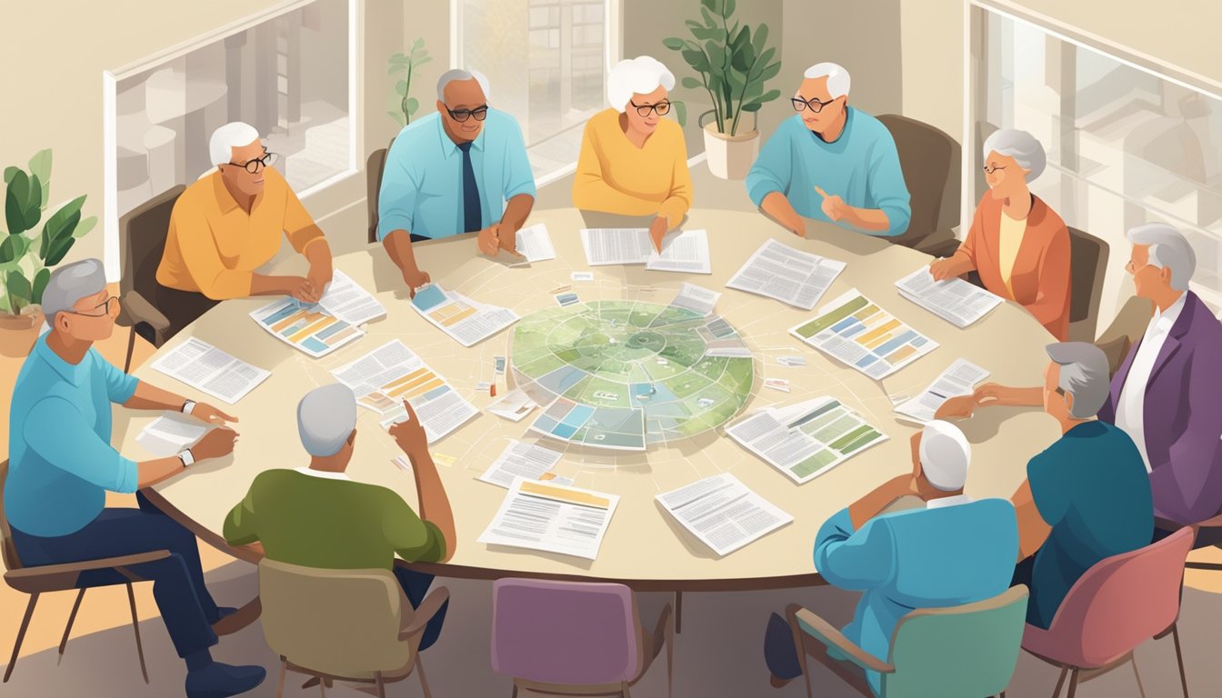 A table with various retirement options listed, surrounded by people discussing and pointing to the information