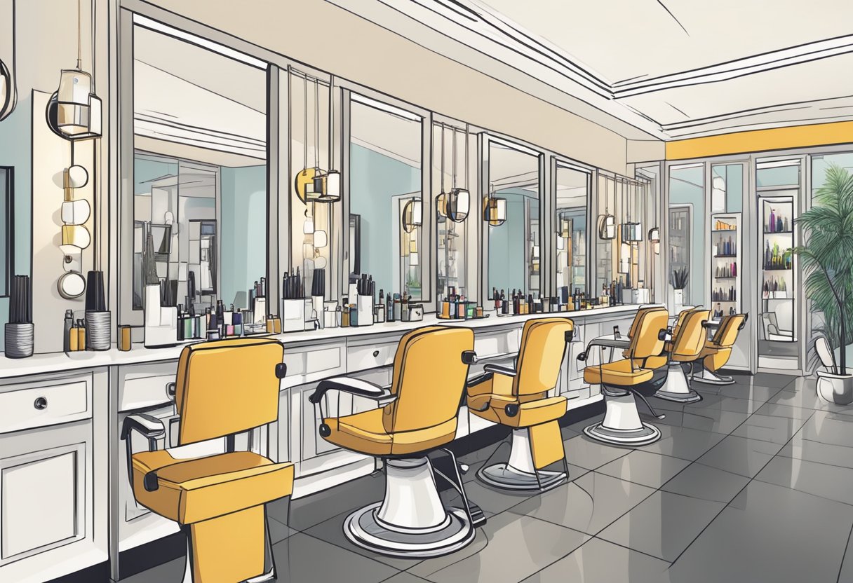 The salon buzzes with activity as stylists cut and style hair. Mirrors line the walls, reflecting the modern decor and rows of hair products