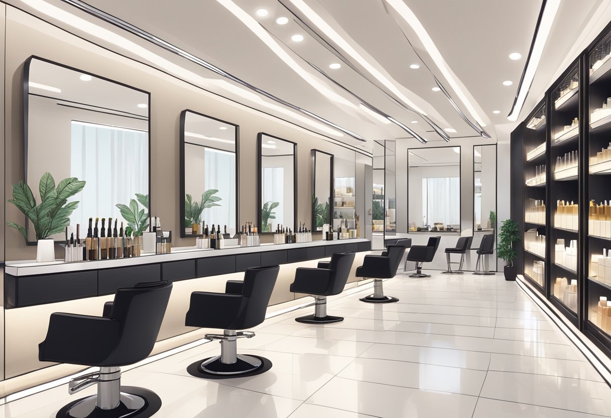 A modern salon with sleek, minimalist decor. Stylish chairs and mirrors line the walls, while shelves display high-end hair products. Bright lighting and a welcoming atmosphere