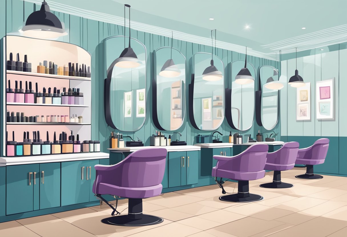 A bright, modern salon with stylish chairs and mirrors. Shelves display hair products. Stylists chat with clients, while others work at washing stations