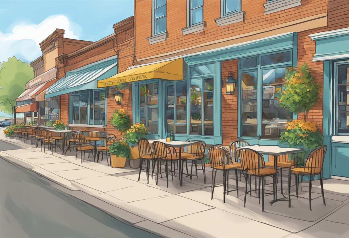 A bustling restaurant in Adrian, MI with outdoor seating, a charming storefront, and a welcoming atmosphere